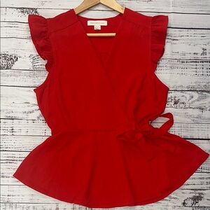 Monteau Red Wrap‎ Peplum Blouse with Ruffled Sleeves Sz. XL